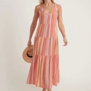 Marine Layer Women Large Corinne Striped Tiered Maxi Dress Orange Gauze Cotton